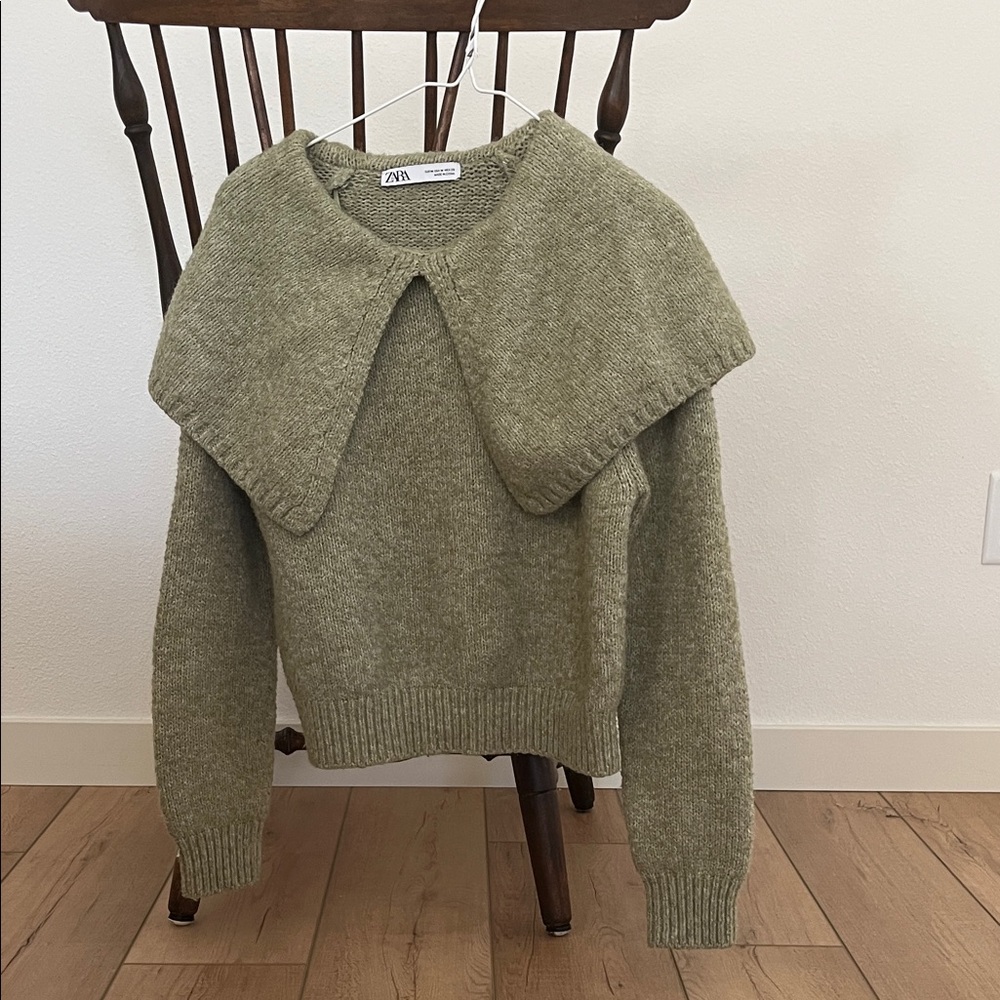 Zara Olive Green Women's Sweater with Unique Collar